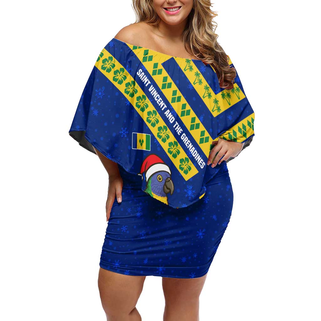 Saint Vincent and the Grenadines Christmas Off Shoulder Short Dress with Parrot Playing Steelpan and Tropical Pattern Design - Wonder Print Shop