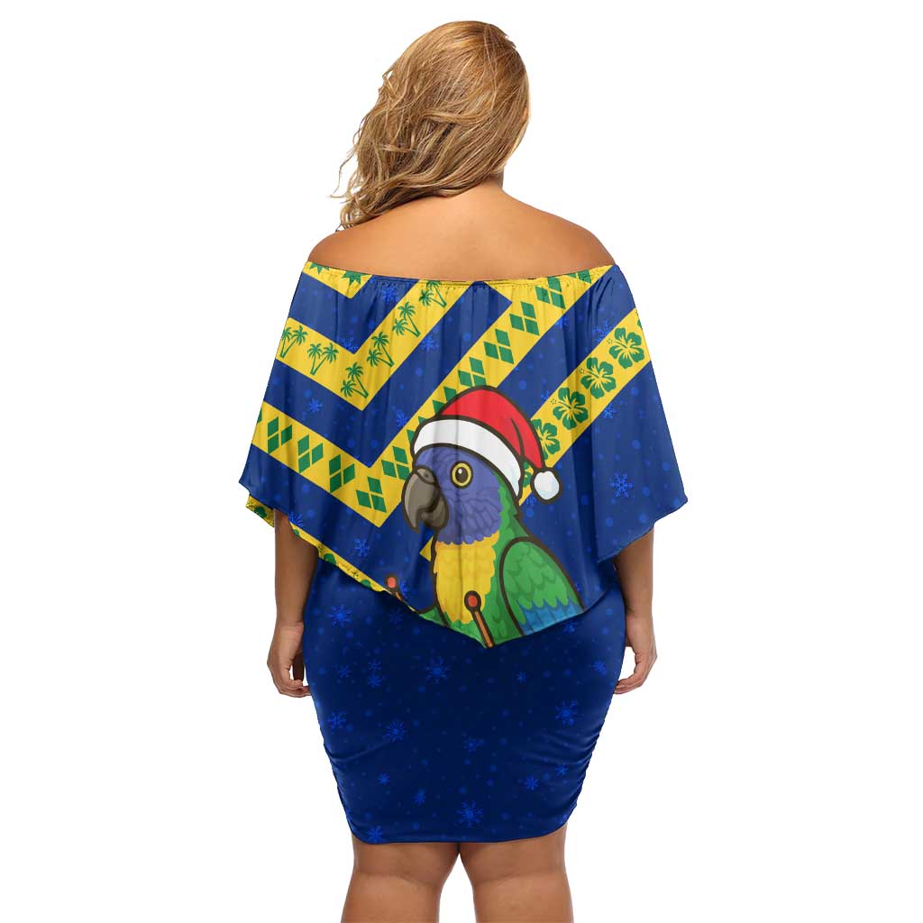 Saint Vincent and the Grenadines Christmas Off Shoulder Short Dress with Parrot Playing Steelpan and Tropical Pattern Design - Wonder Print Shop