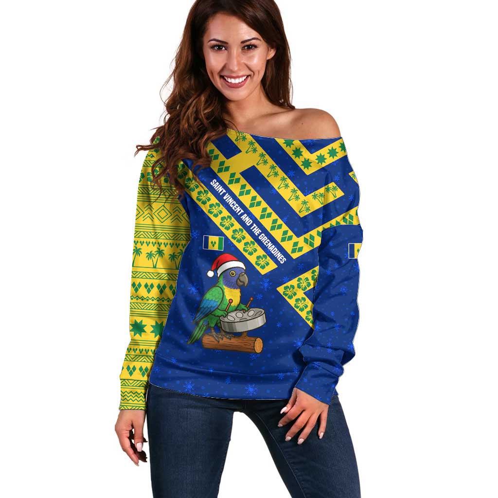 Saint Vincent and the Grenadines Christmas Off Shoulder Sweater with Parrot Playing Steelpan and Tropical Pattern Design - Wonder Print Shop