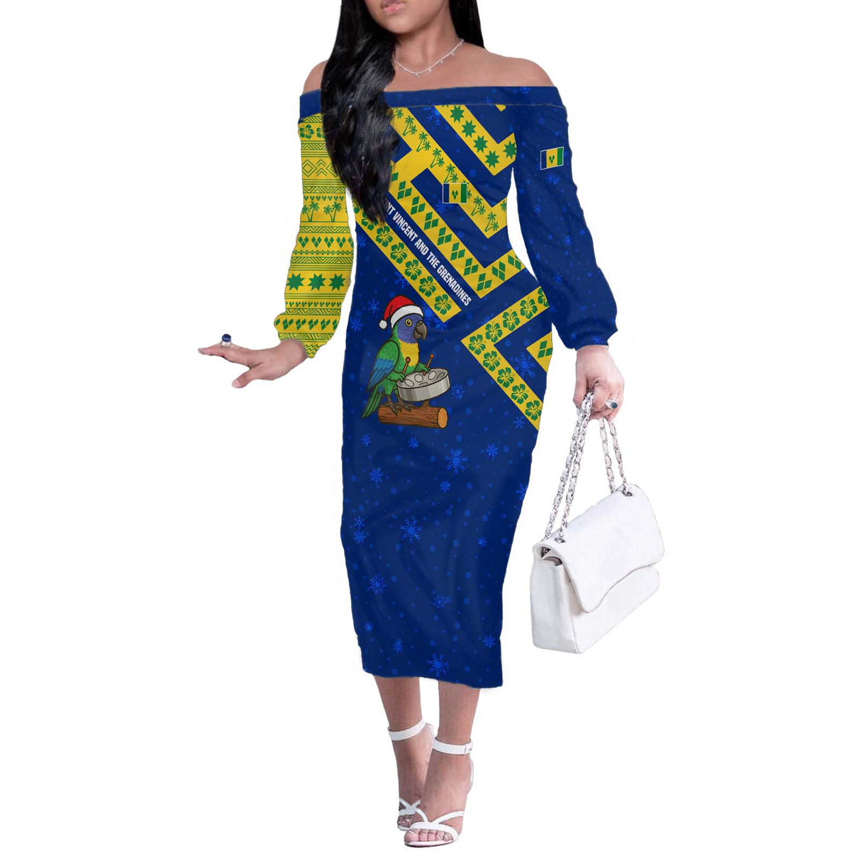 Saint Vincent and the Grenadines Christmas Off The Shoulder Long Sleeve Dress with Parrot Playing Steelpan and Tropical Pattern Design - Wonder Print Shop
