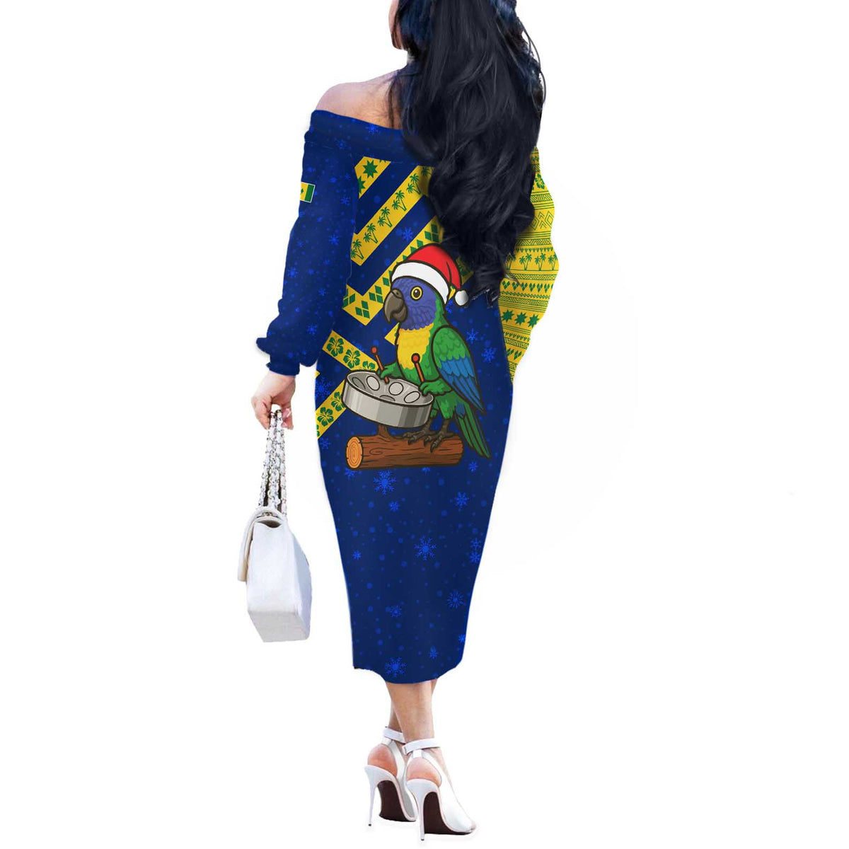 Saint Vincent and the Grenadines Christmas Off The Shoulder Long Sleeve Dress with Parrot Playing Steelpan and Tropical Pattern Design - Wonder Print Shop