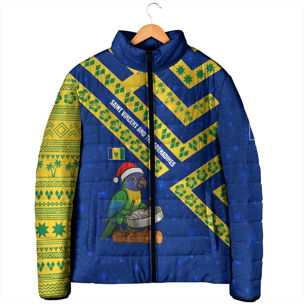 Saint Vincent and the Grenadines Christmas Padded Jacket with Parrot Playing Steelpan and Tropical Pattern Design - Wonder Print Shop