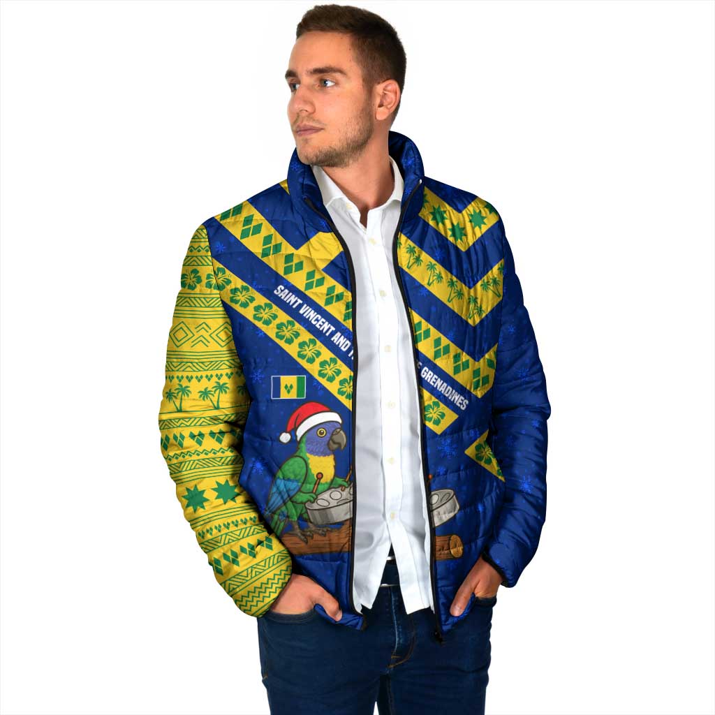 Saint Vincent and the Grenadines Christmas Padded Jacket with Parrot Playing Steelpan and Tropical Pattern Design - Wonder Print Shop