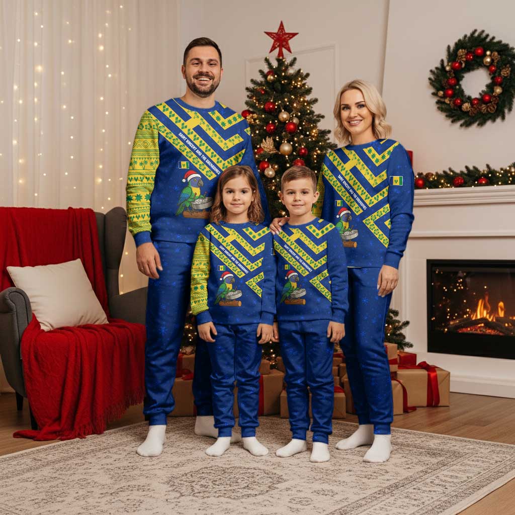 Saint Vincent and the Grenadines Christmas Pajama Set with Parrot Playing Steelpan and Tropical Pattern Design - Wonder Print Shop