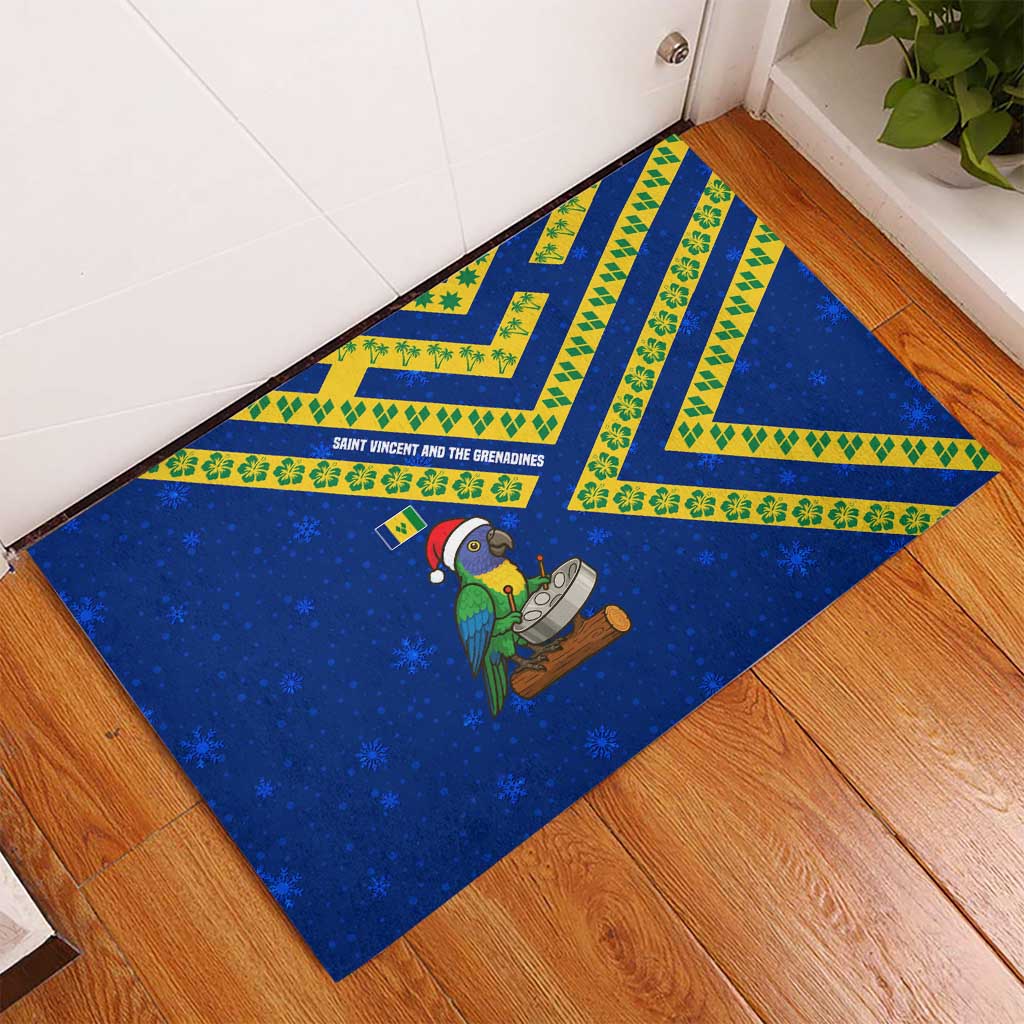 Saint Vincent and the Grenadines Christmas Rubber Doormat with Parrot Playing Steelpan and Tropical Pattern Design - Wonder Print Shop