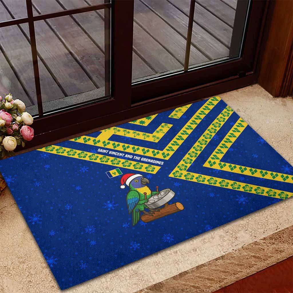 Saint Vincent and the Grenadines Christmas Rubber Doormat with Parrot Playing Steelpan and Tropical Pattern Design - Wonder Print Shop