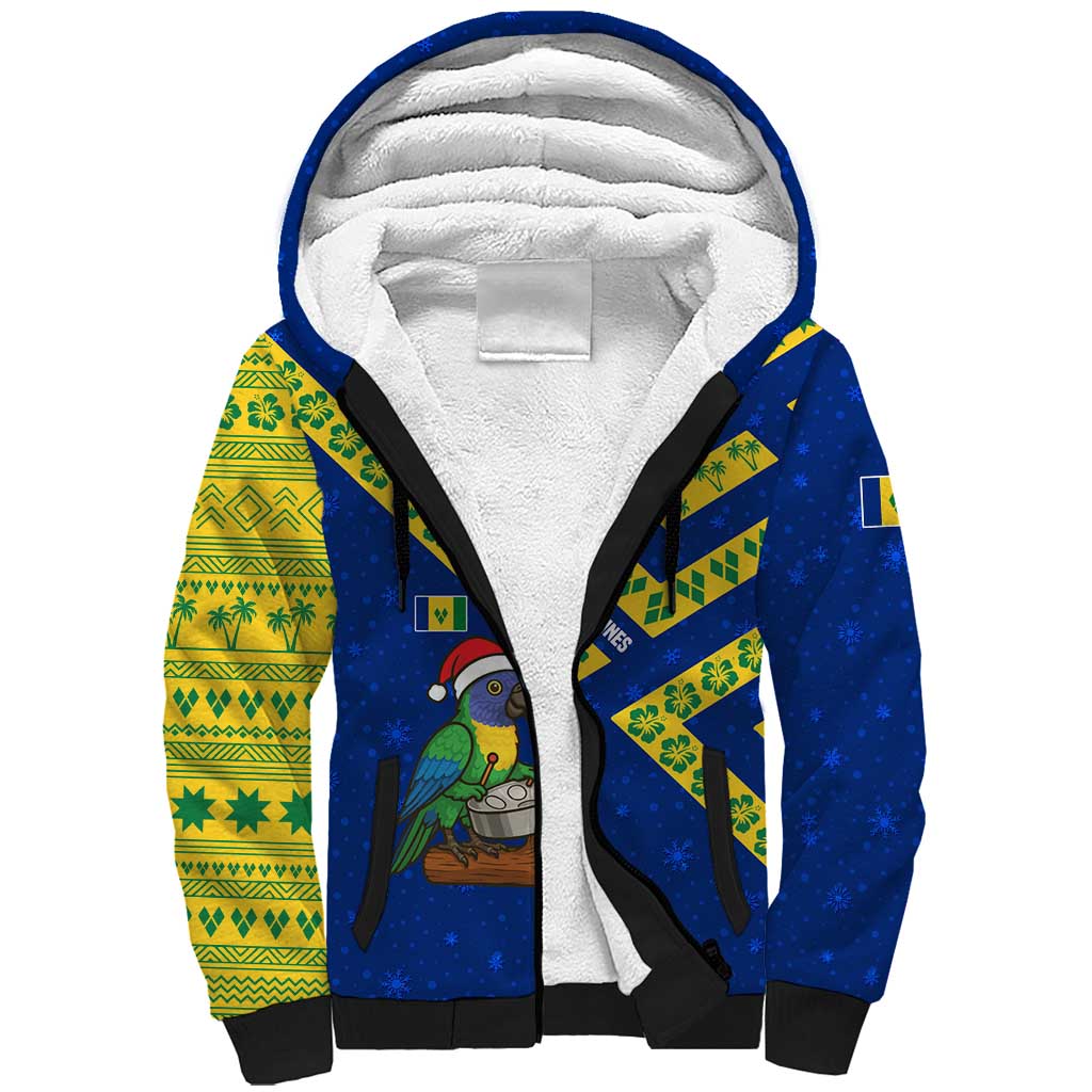 Saint Vincent and the Grenadines Christmas Sherpa Hoodie with Parrot Playing Steelpan and Tropical Pattern Design - Wonder Print Shop
