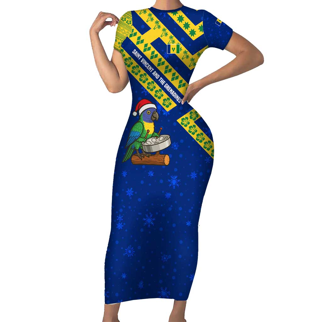 Saint Vincent and the Grenadines Christmas Short Sleeve Bodycon Dress with Parrot Playing Steelpan and Tropical Pattern Design - Wonder Print Shop
