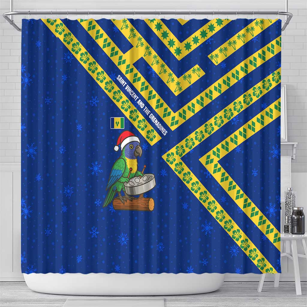 Saint Vincent and the Grenadines Christmas Shower Curtain with Parrot Playing Steelpan and Tropical Pattern Design - Wonder Print Shop