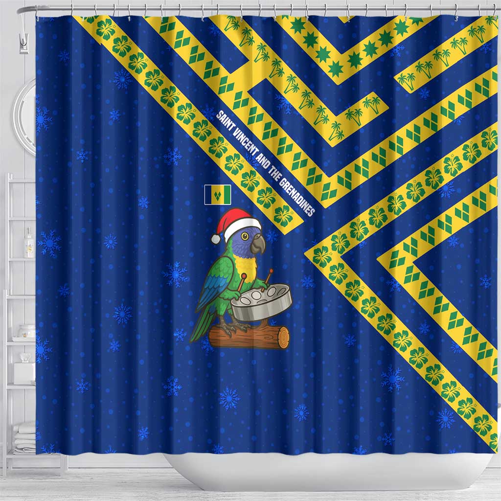 Saint Vincent and the Grenadines Christmas Shower Curtain with Parrot Playing Steelpan and Tropical Pattern Design - Wonder Print Shop