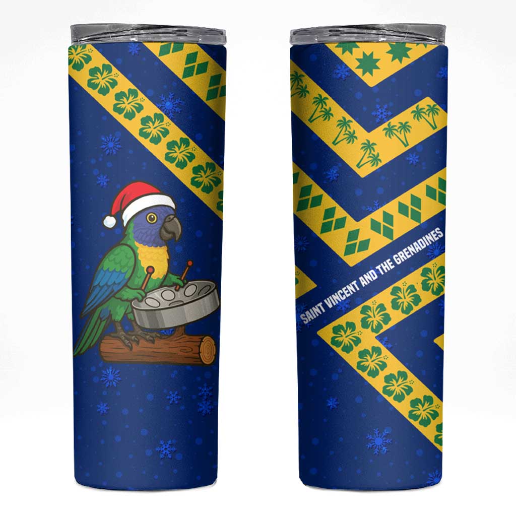 Saint Vincent and the Grenadines Christmas Skinny Tumbler with Parrot Playing Steelpan and Tropical Pattern Design - Wonder Print Shop