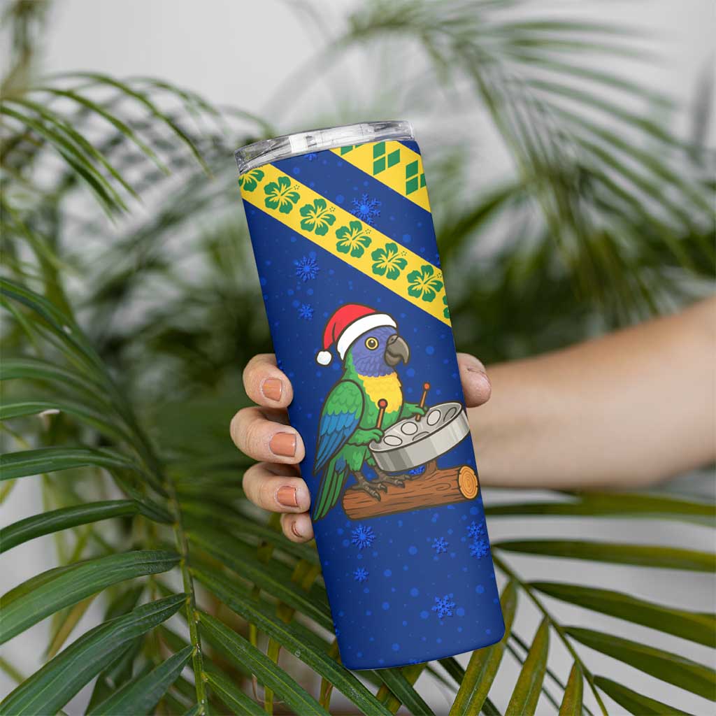 Saint Vincent and the Grenadines Christmas Skinny Tumbler with Parrot Playing Steelpan and Tropical Pattern Design - Wonder Print Shop