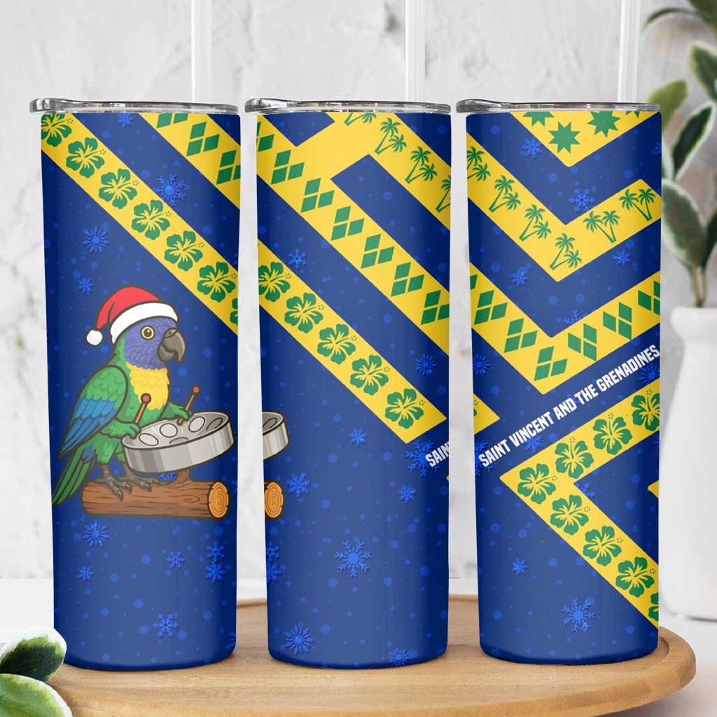 Saint Vincent and the Grenadines Christmas Skinny Tumbler with Parrot Playing Steelpan and Tropical Pattern Design - Wonder Print Shop