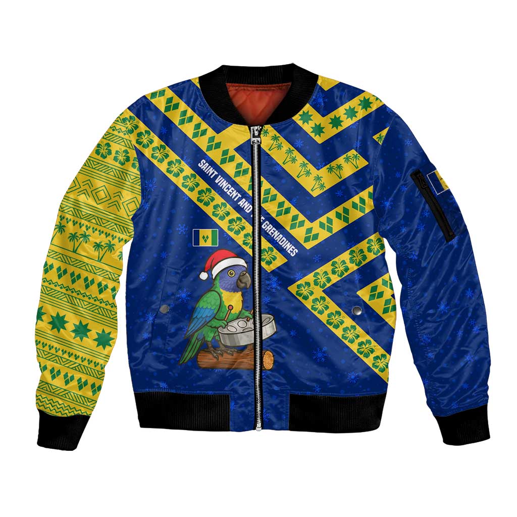 Saint Vincent and the Grenadines Christmas Sleeve Zip Bomber Jacket with Parrot Playing Steelpan and Tropical Pattern Design - Wonder Print Shop