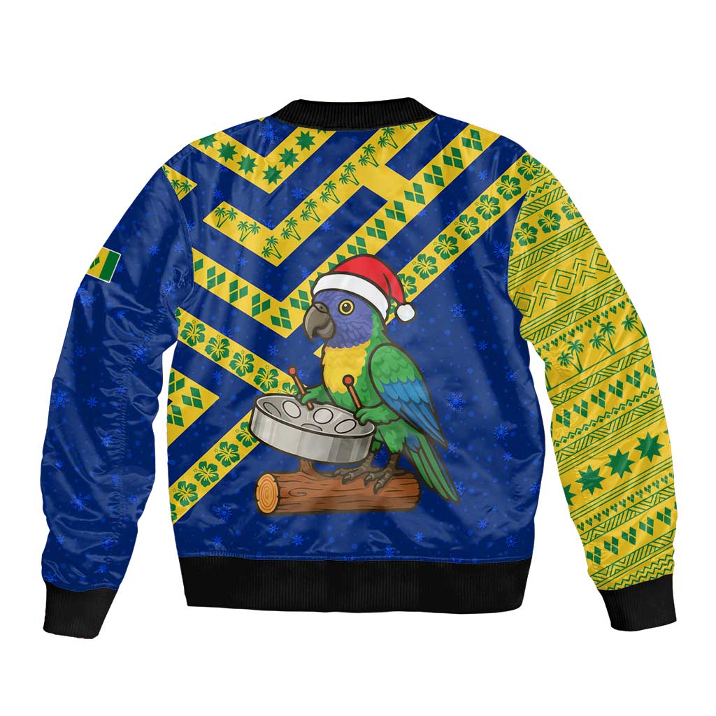 Saint Vincent and the Grenadines Christmas Sleeve Zip Bomber Jacket with Parrot Playing Steelpan and Tropical Pattern Design - Wonder Print Shop