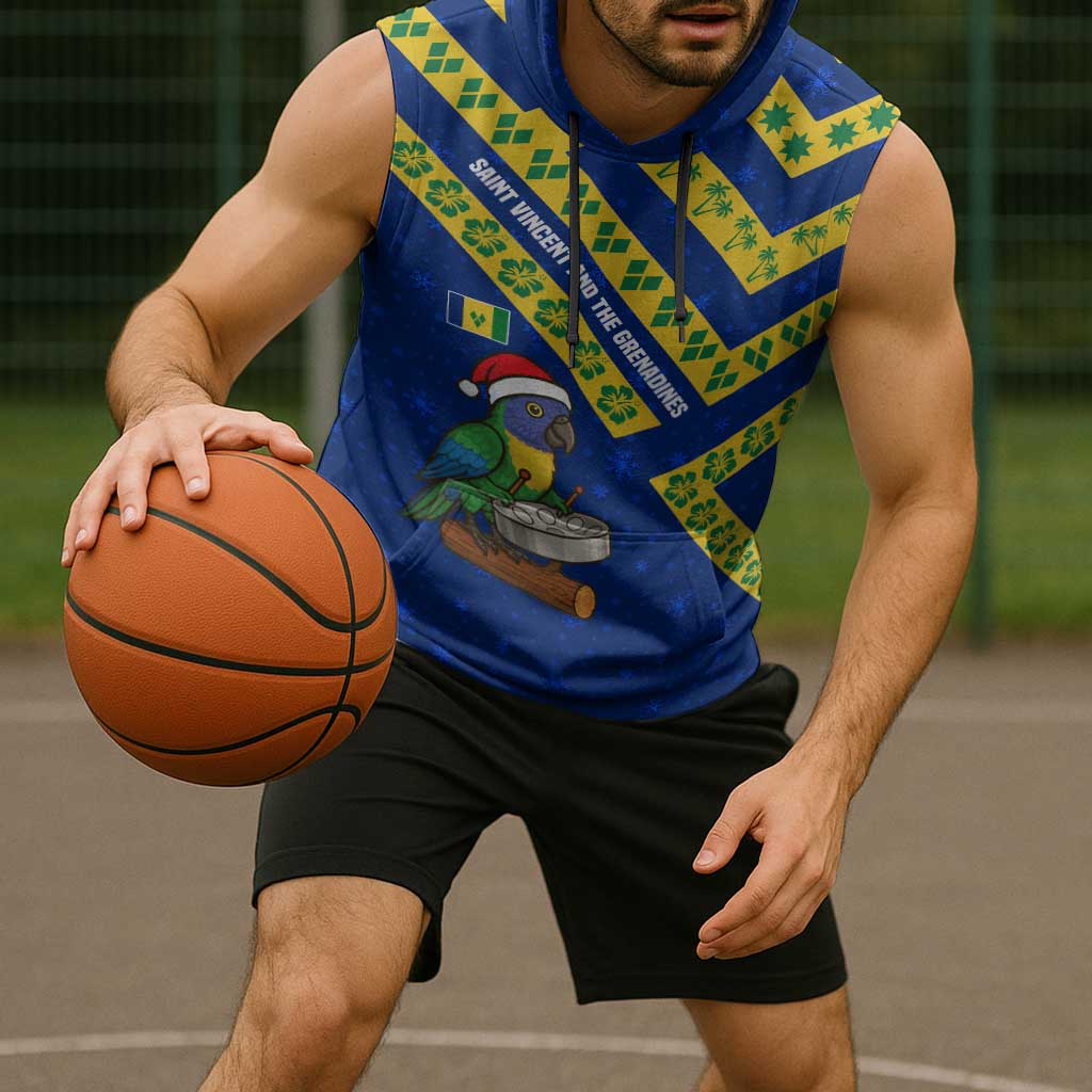 Saint Vincent and the Grenadines Christmas Sleeveless Hoodie with Parrot Playing Steelpan and Tropical Pattern Design - Wonder Print Shop