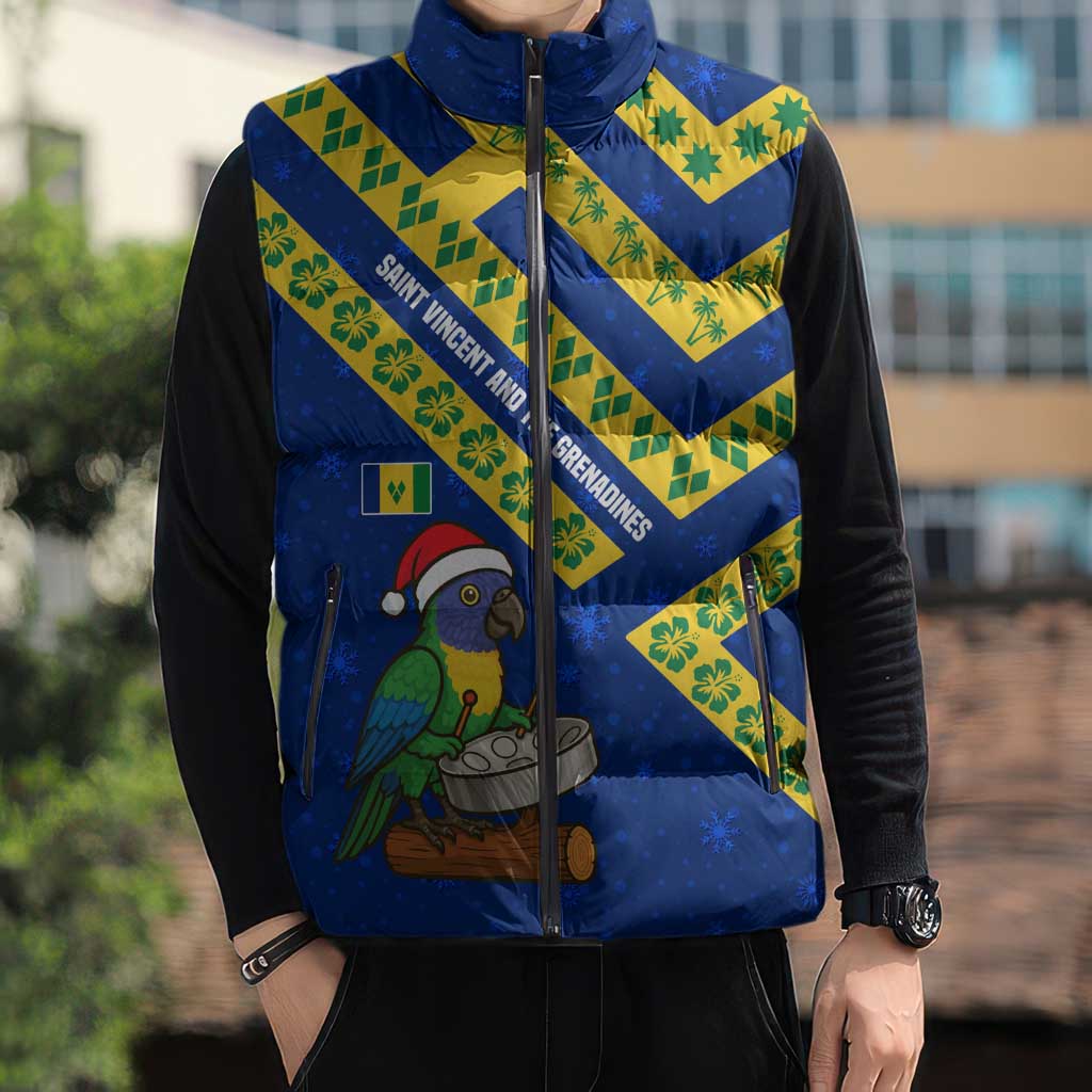 Saint Vincent and the Grenadines Christmas Sleeveless Puffer Jacket with Parrot Playing Steelpan and Tropical Pattern Design - Wonder Print Shop