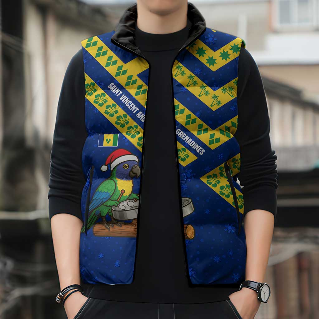 Saint Vincent and the Grenadines Christmas Sleeveless Puffer Jacket with Parrot Playing Steelpan and Tropical Pattern Design - Wonder Print Shop