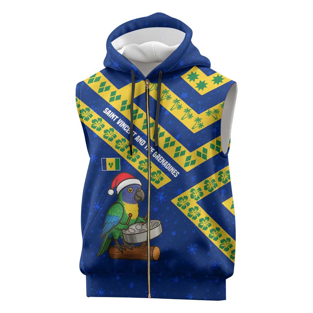 Saint Vincent and the Grenadines Christmas Sleeveless Zip Hoodie with Parrot Playing Steelpan and Tropical Pattern Design - Wonder Print Shop