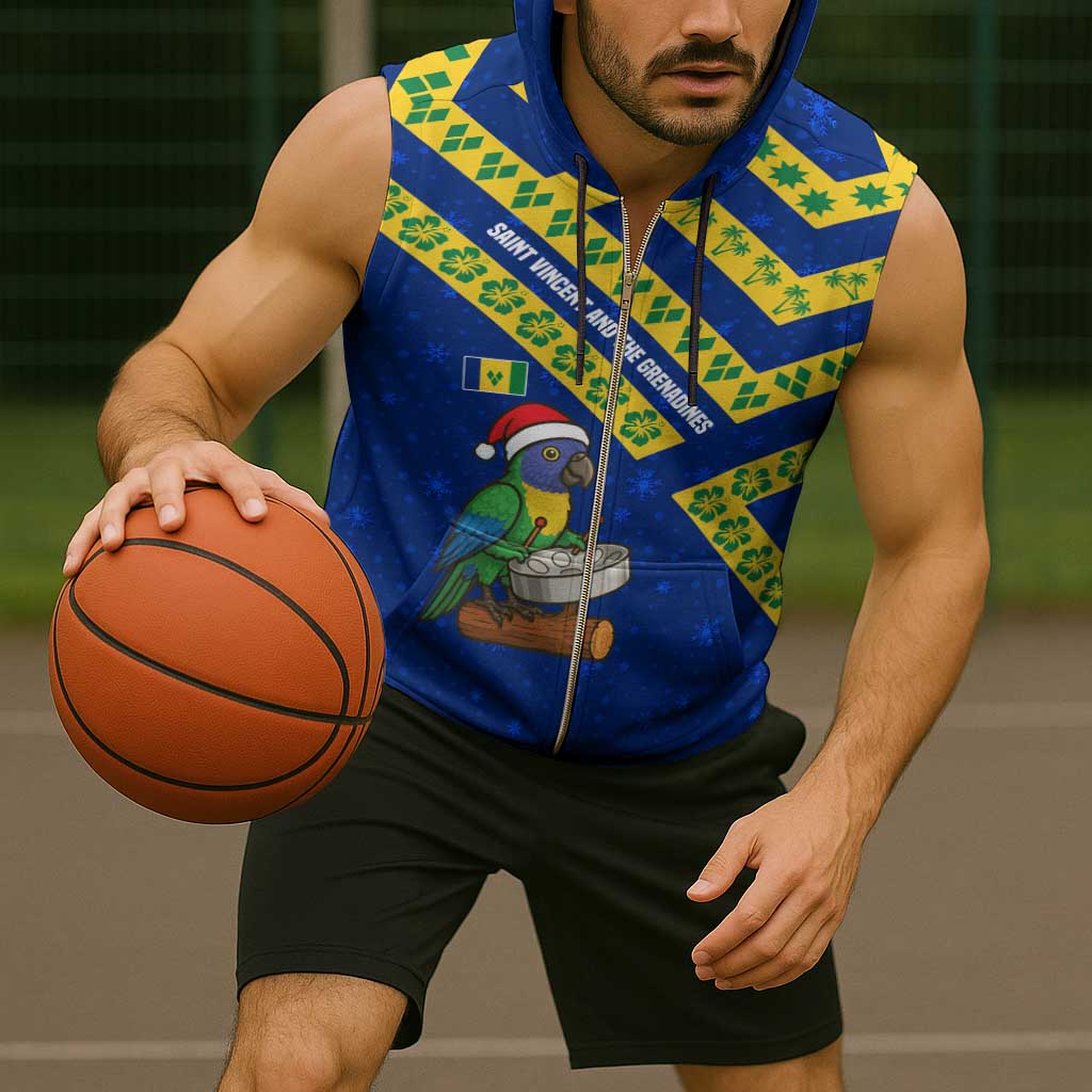 Saint Vincent and the Grenadines Christmas Sleeveless Zip Hoodie with Parrot Playing Steelpan and Tropical Pattern Design - Wonder Print Shop