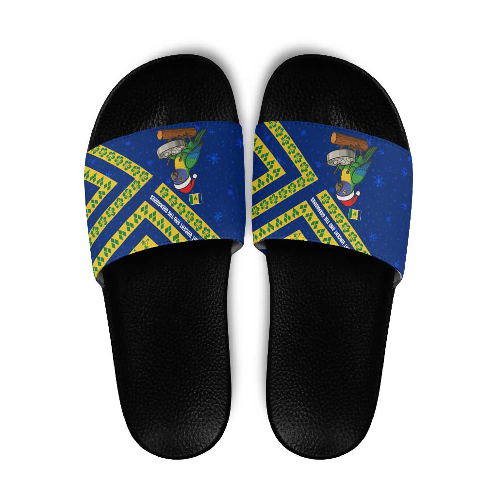 Saint Vincent and the Grenadines Christmas Slide Sandals with Parrot Playing Steelpan and Tropical Pattern Design - Wonder Print Shop