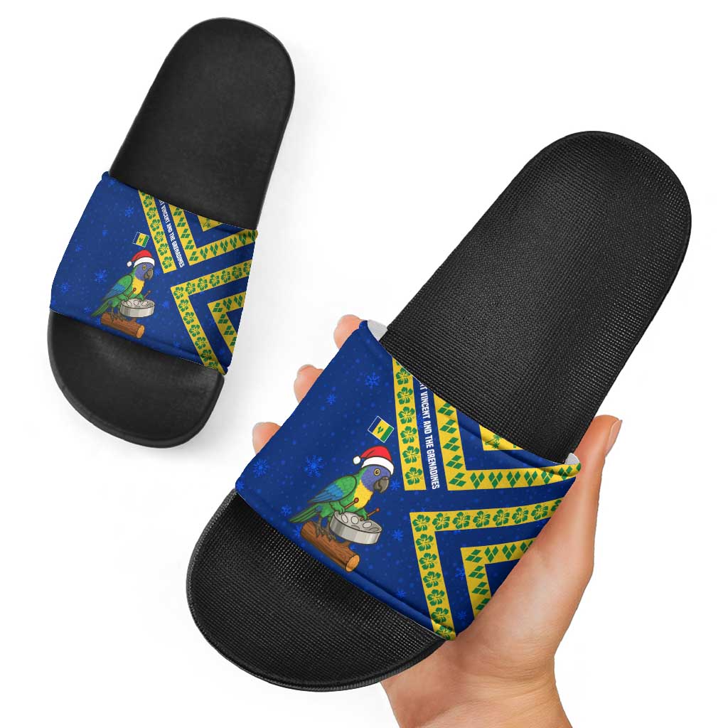 Saint Vincent and the Grenadines Christmas Slide Sandals with Parrot Playing Steelpan and Tropical Pattern Design - Wonder Print Shop