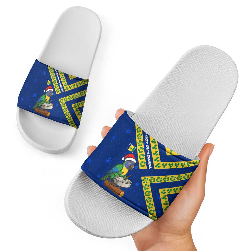 Saint Vincent and the Grenadines Christmas Slide Sandals with Parrot Playing Steelpan and Tropical Pattern Design - Wonder Print Shop