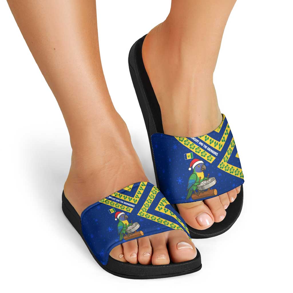 Saint Vincent and the Grenadines Christmas Slide Sandals with Parrot Playing Steelpan and Tropical Pattern Design - Wonder Print Shop