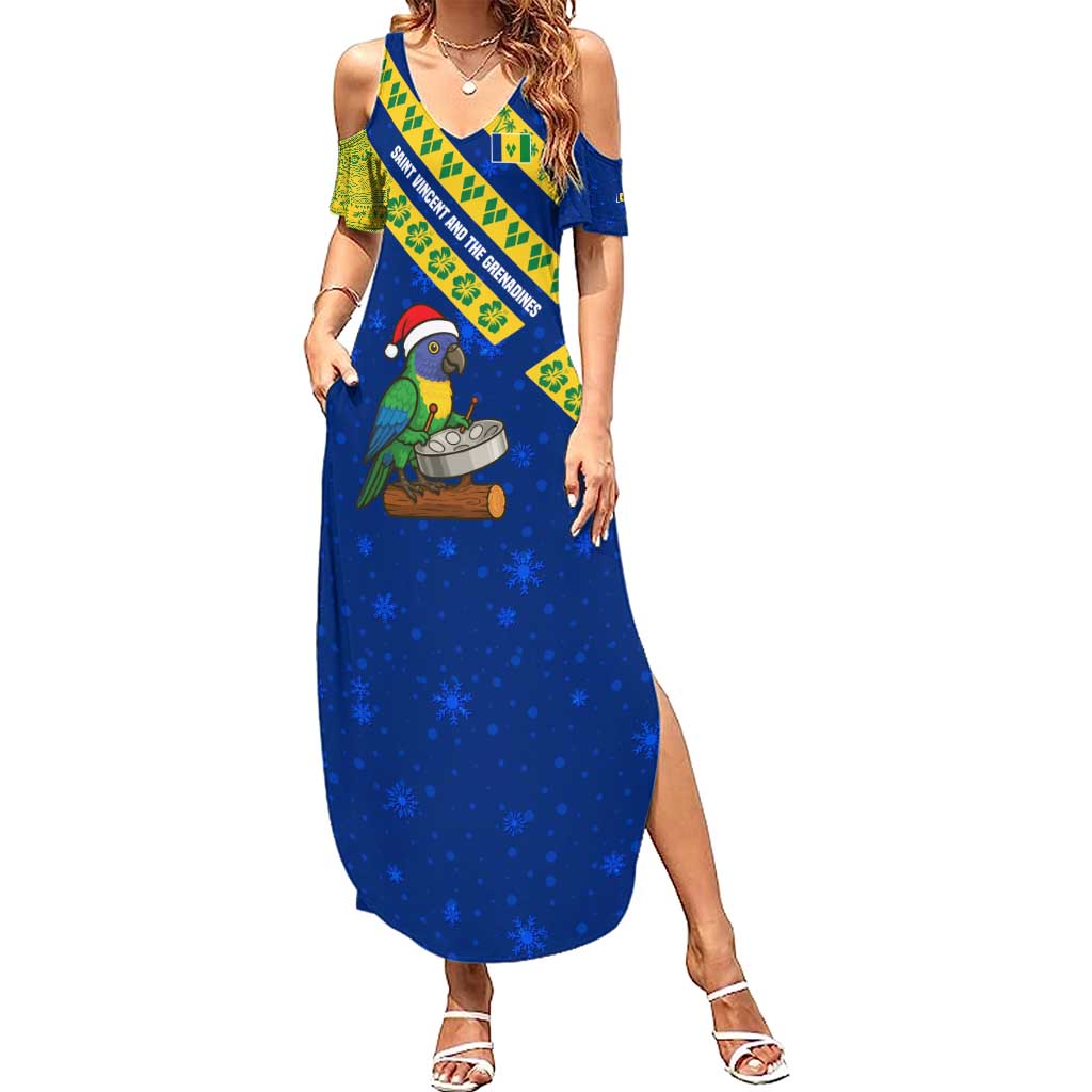 Saint Vincent and the Grenadines Christmas Summer Maxi Dress with Parrot Playing Steelpan and Tropical Pattern Design - Wonder Print Shop