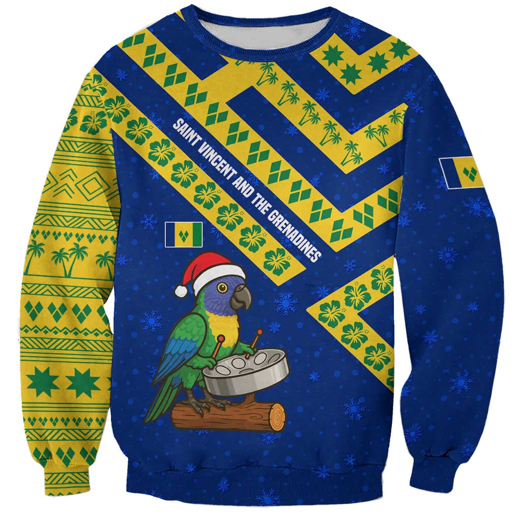 Saint Vincent and the Grenadines Christmas Sweatshirt with Parrot Playing Steelpan and Tropical Pattern Design - Wonder Print Shop