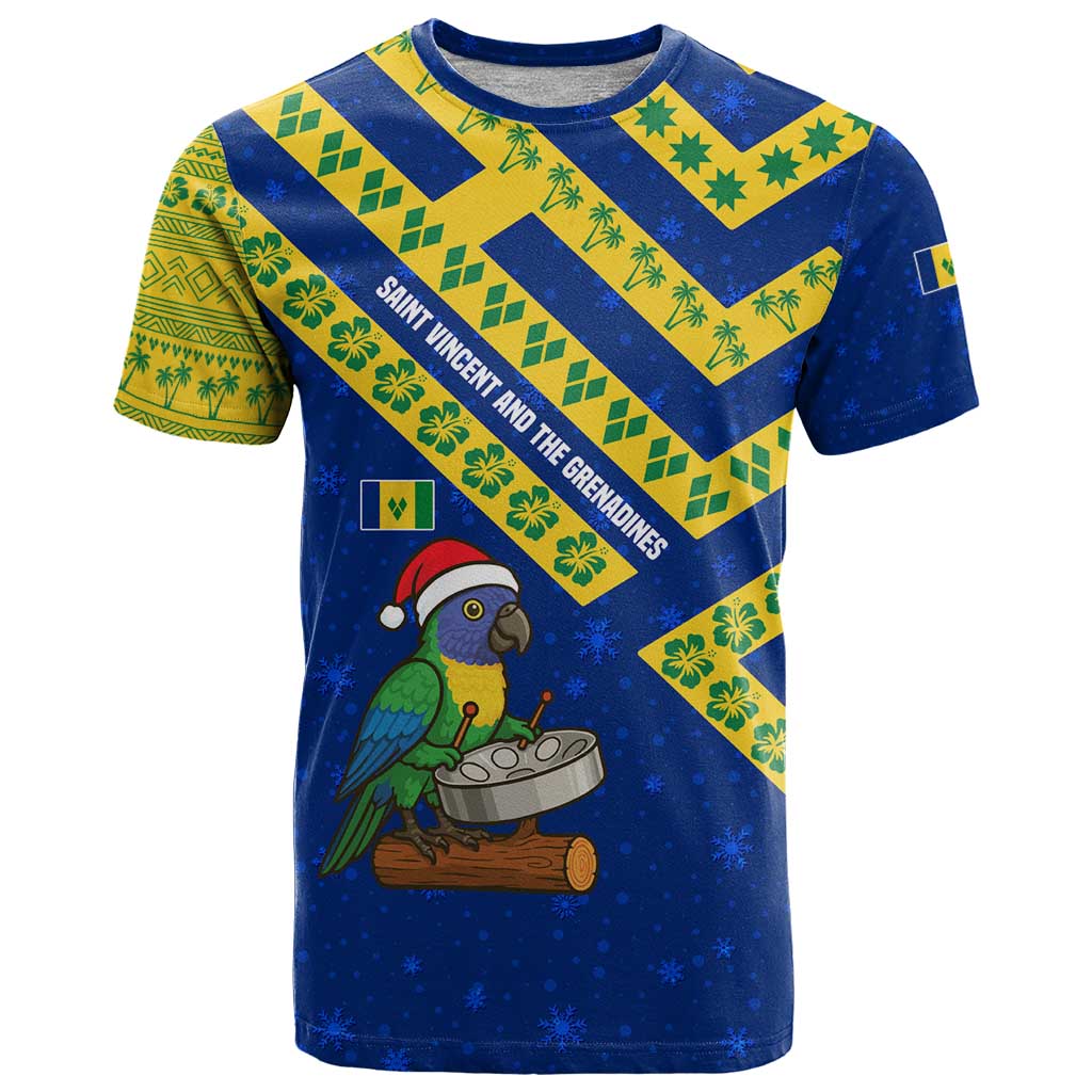 Saint Vincent and the Grenadines Christmas T Shirt with Parrot Playing Steelpan and Tropical Pattern Design - Wonder Print Shop