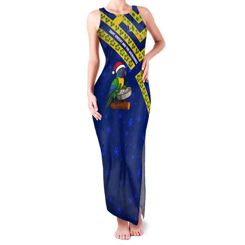 Saint Vincent and the Grenadines Christmas Tank Maxi Dress with Parrot Playing Steelpan and Tropical Pattern Design - Wonder Print Shop