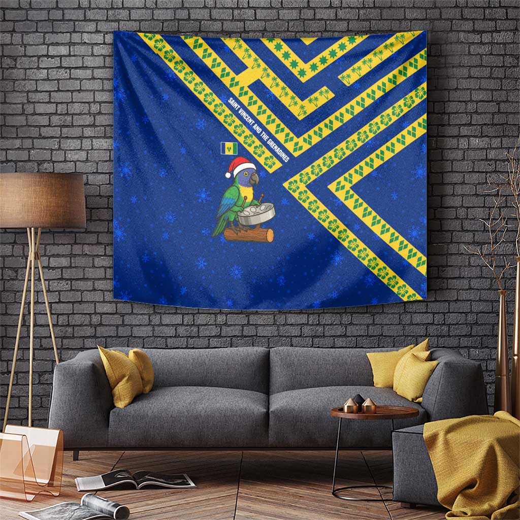 Saint Vincent and the Grenadines Christmas Tapestry with Parrot Playing Steelpan and Tropical Pattern Design - Wonder Print Shop