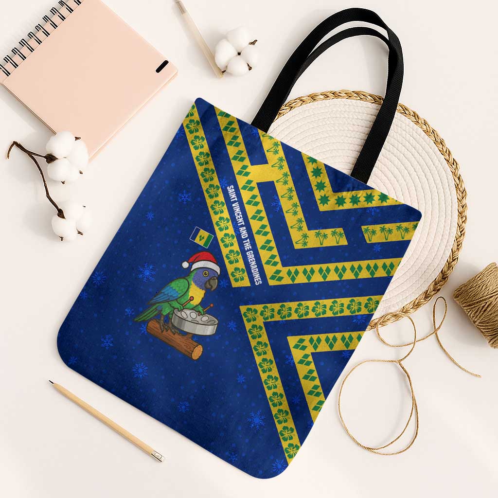 Saint Vincent and the Grenadines Christmas Tote Bag with Parrot Playing Steelpan and Tropical Pattern Design - Wonder Print Shop