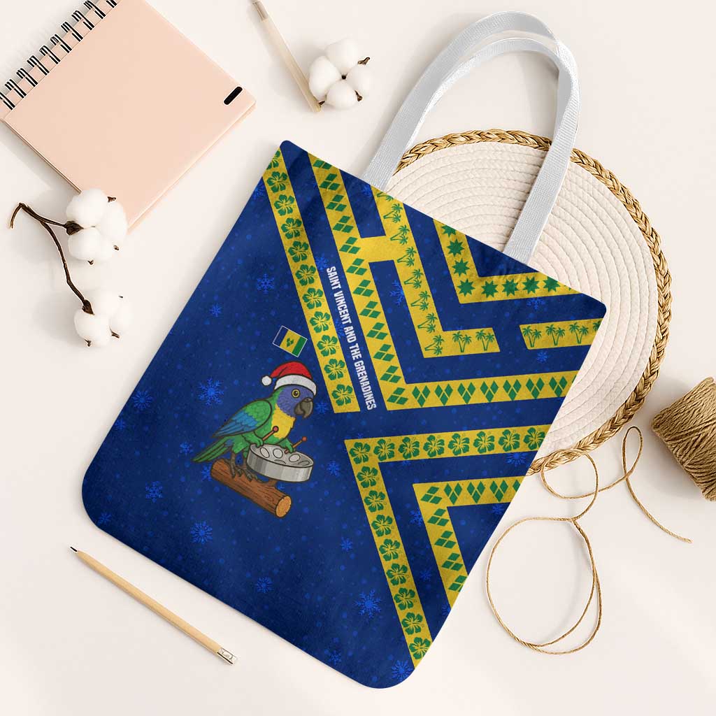 Saint Vincent and the Grenadines Christmas Tote Bag with Parrot Playing Steelpan and Tropical Pattern Design - Wonder Print Shop