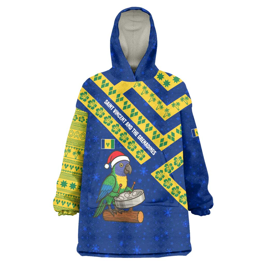 Saint Vincent and the Grenadines Christmas Wearable Blanket Hoodie with Parrot Playing Steelpan and Tropical Pattern Design - Wonder Print Shop