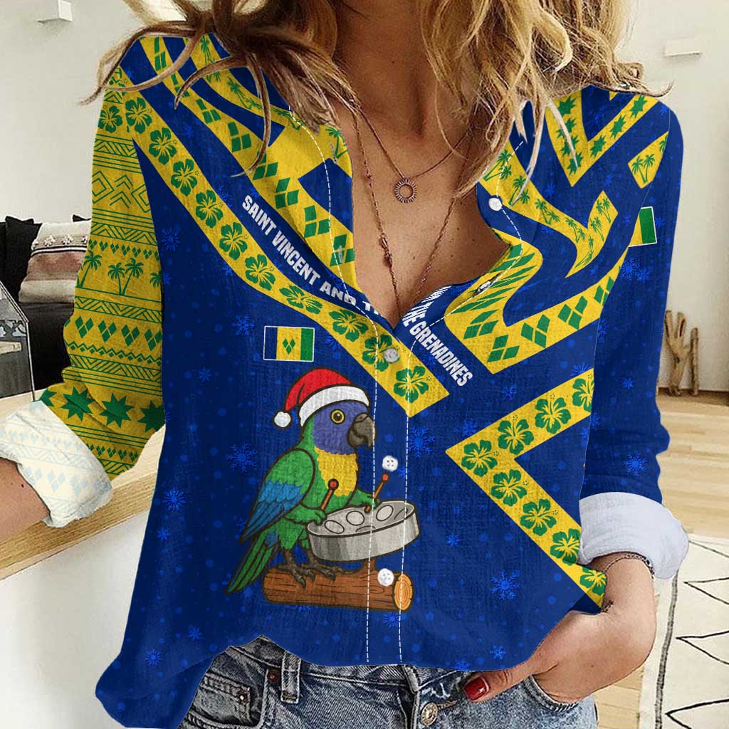 Saint Vincent and the Grenadines Christmas Women Casual Shirt with Parrot Playing Steelpan and Tropical Pattern Design - Wonder Print Shop