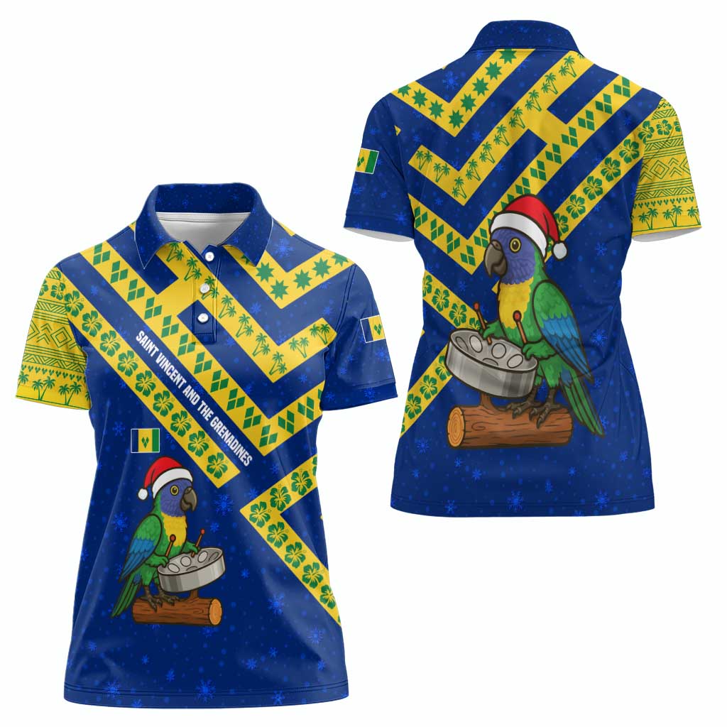 Saint Vincent and the Grenadines Christmas Women Polo Shirt with Parrot Playing Steelpan and Tropical Pattern Design - Wonder Print Shop