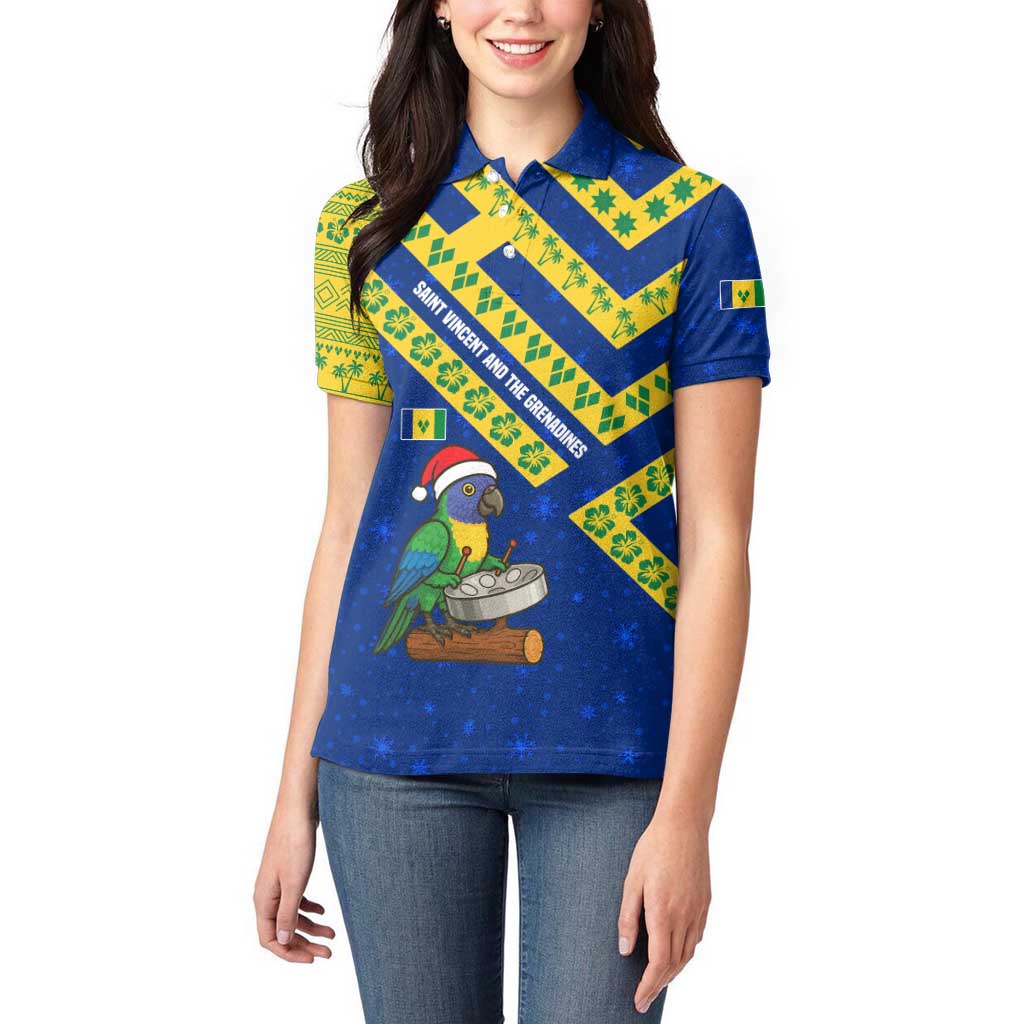 Saint Vincent and the Grenadines Christmas Women Polo Shirt with Parrot Playing Steelpan and Tropical Pattern Design - Wonder Print Shop