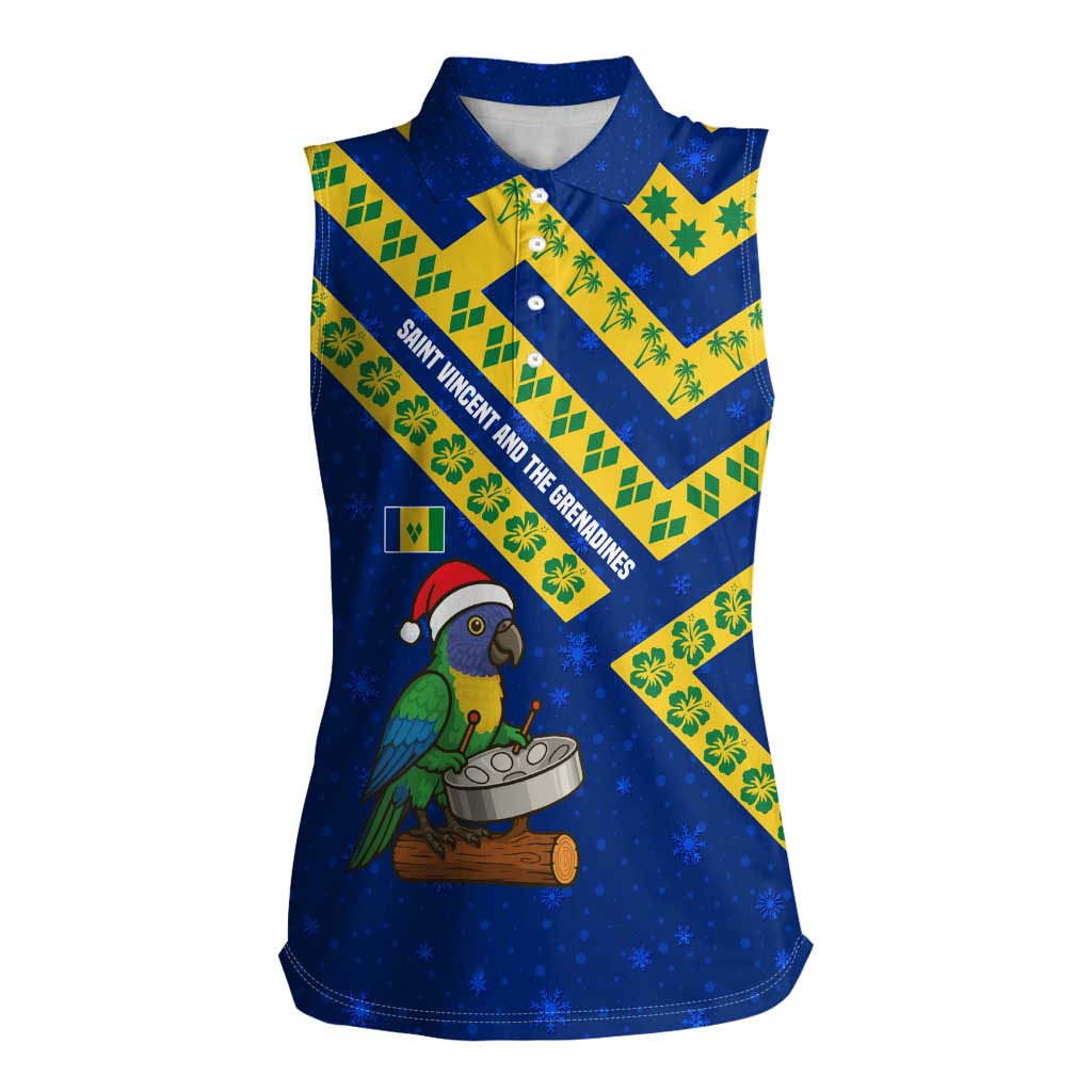 Saint Vincent and the Grenadines Christmas Women Sleeveless Polo Shirt with Parrot Playing Steelpan and Tropical Pattern Design - Wonder Print Shop