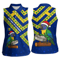 Saint Vincent and the Grenadines Christmas Women Sleeveless Polo Shirt with Parrot Playing Steelpan and Tropical Pattern Design - Wonder Print Shop