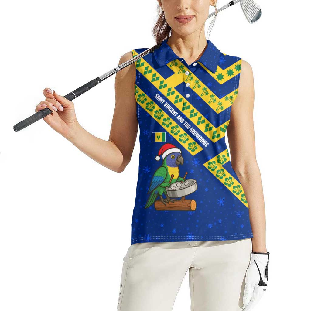 Saint Vincent and the Grenadines Christmas Women Sleeveless Polo Shirt with Parrot Playing Steelpan and Tropical Pattern Design - Wonder Print Shop