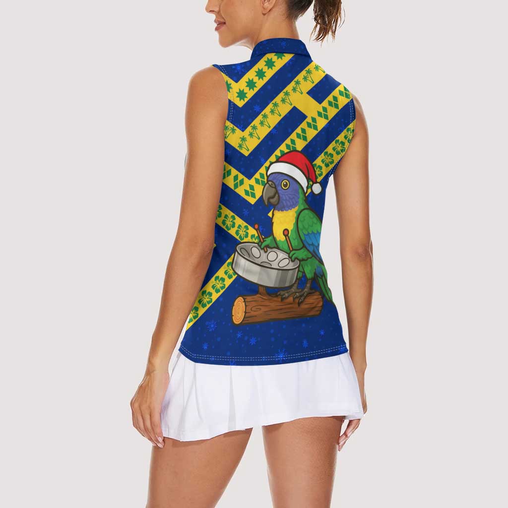 Saint Vincent and the Grenadines Christmas Women Sleeveless Polo Shirt with Parrot Playing Steelpan and Tropical Pattern Design - Wonder Print Shop