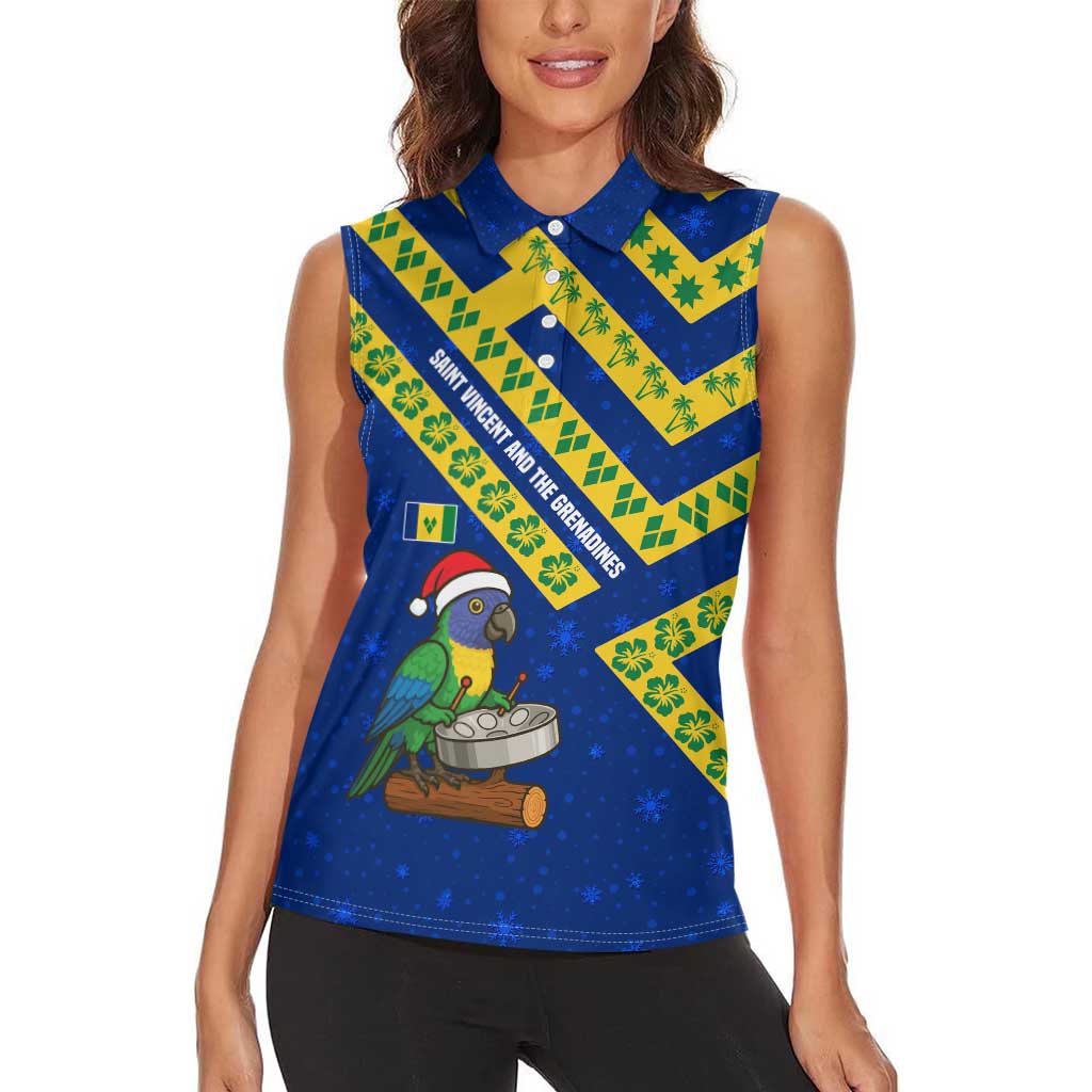 Saint Vincent and the Grenadines Christmas Women Sleeveless Polo Shirt with Parrot Playing Steelpan and Tropical Pattern Design - Wonder Print Shop