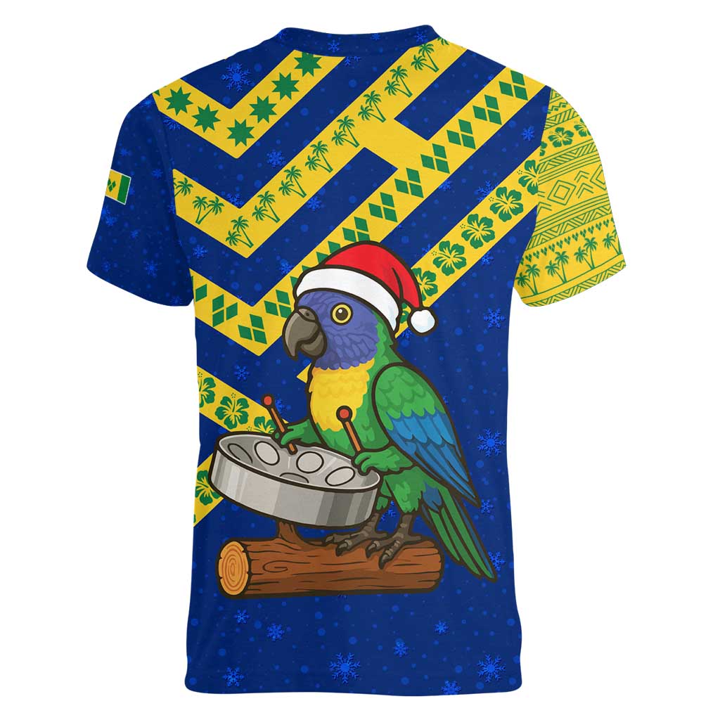 Saint Vincent and the Grenadines Christmas Women V-Neck T-Shirt with Parrot Playing Steelpan and Tropical Pattern Design - Wonder Print Shop