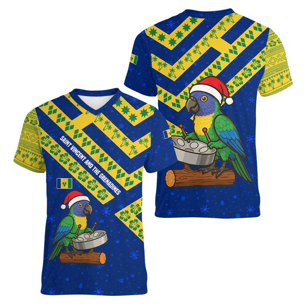 Saint Vincent and the Grenadines Christmas Women V-Neck T-Shirt with Parrot Playing Steelpan and Tropical Pattern Design - Wonder Print Shop