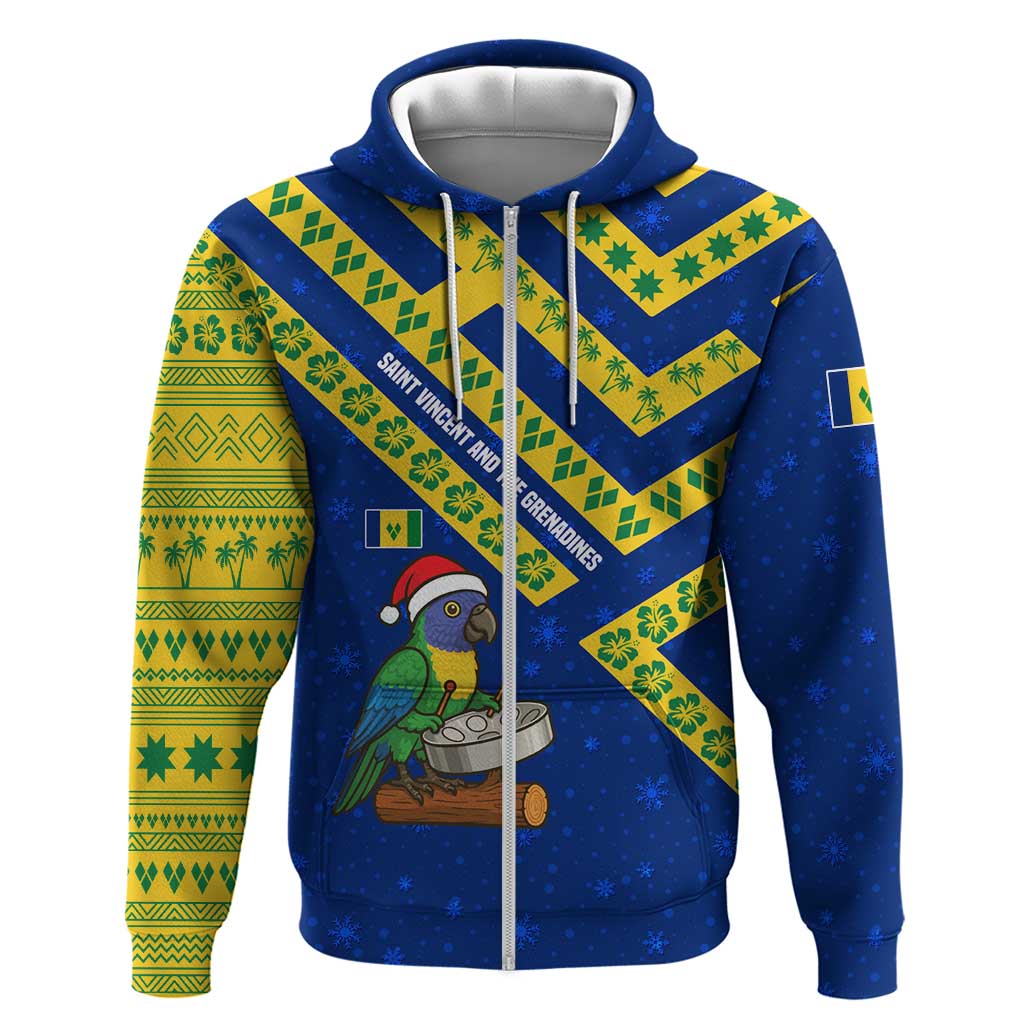 Saint Vincent and the Grenadines Christmas Zip Hoodie with Parrot Playing Steelpan and Tropical Pattern Design - Wonder Print Shop
