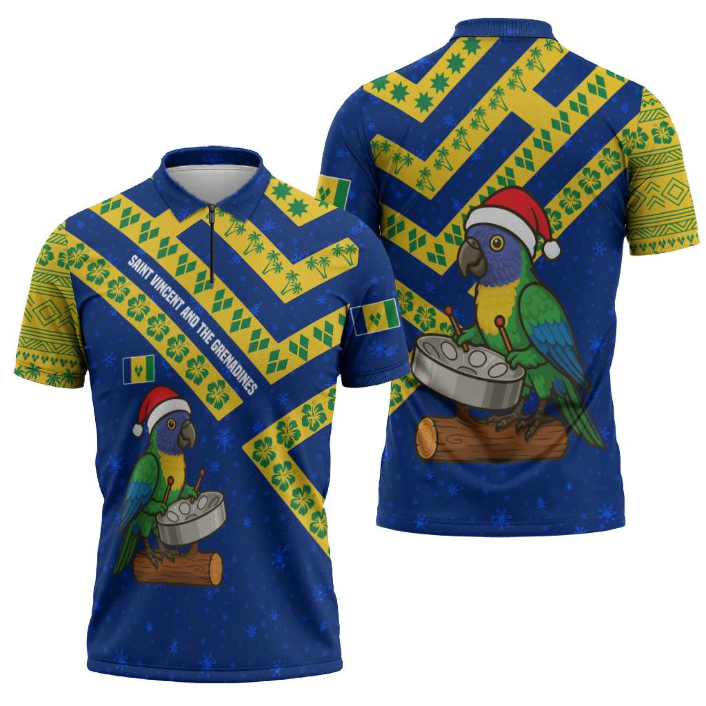 Saint Vincent and the Grenadines Christmas Zipper Polo Shirt with Parrot Playing Steelpan and Tropical Pattern Design - Wonder Print Shop