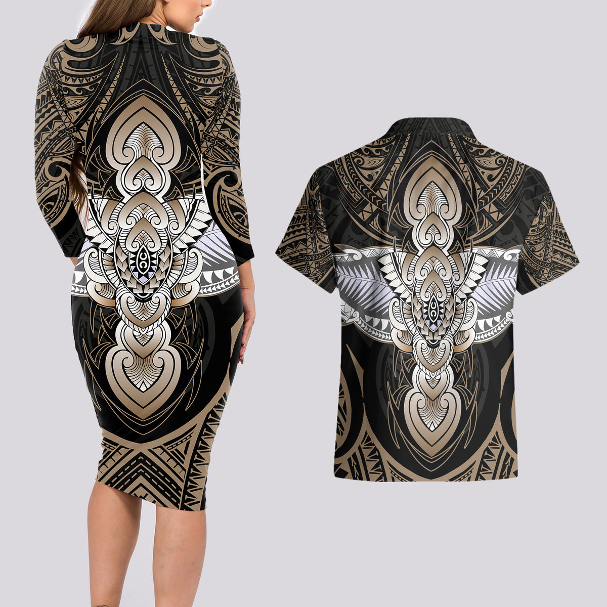 Polynesian Hawaii Tattoo Couples Matching Long Sleeve Bodycon Dress and Hawaiian Shirt - Wonder Print Shop