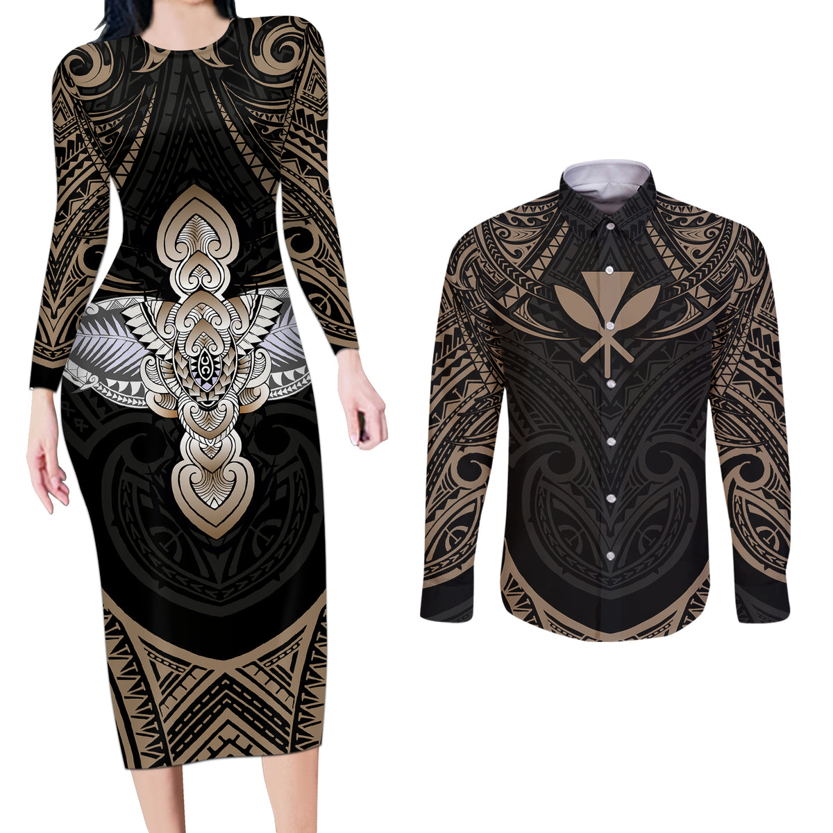 Polynesian Hawaii Tattoo Couples Matching Long Sleeve Bodycon Dress and Long Sleeve Button Shirts - Wonder Print Shop